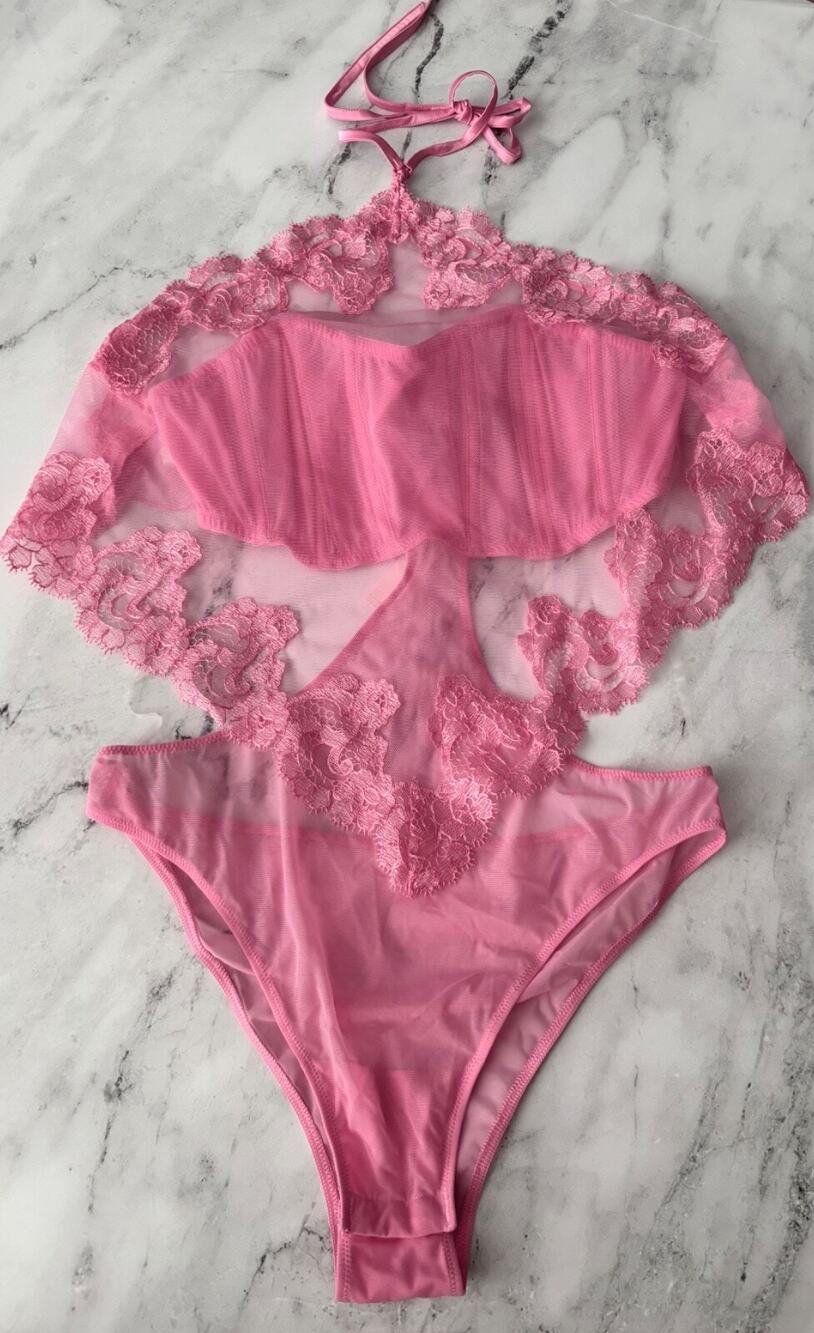 Victoria's Secret Pink Mesh / Lace Overlay Top Halter Bodysuit Teddy Large L